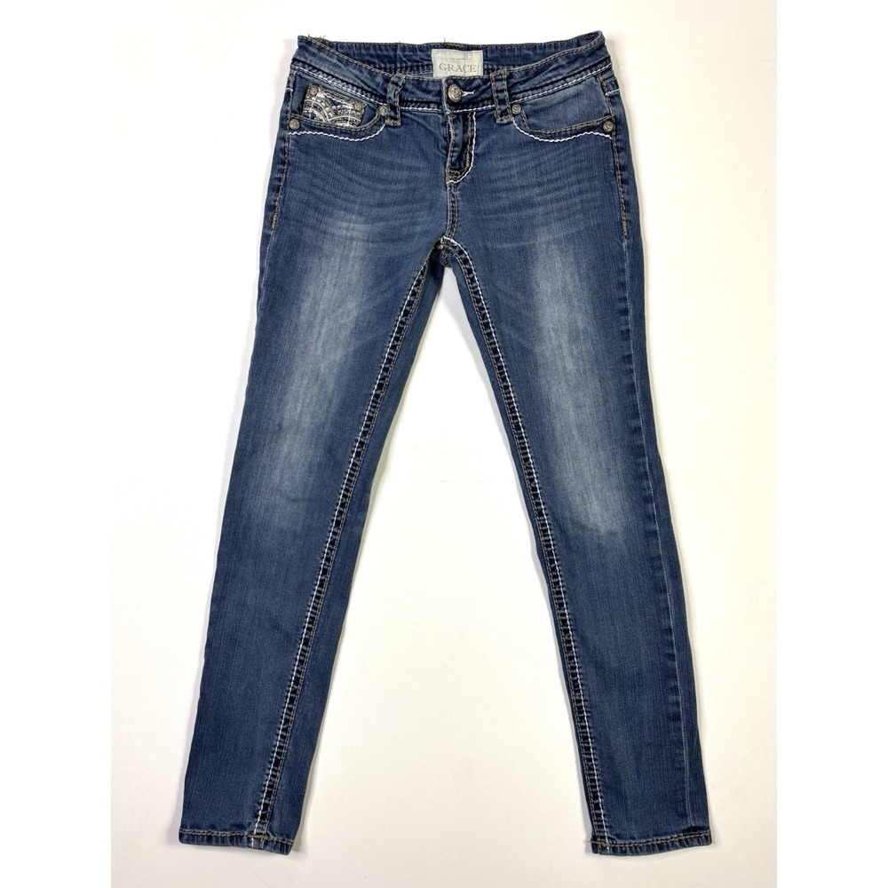 Grace in LA Jeans Women's 28 Embellished Pocket Skinny Blue Denim Y2K - Picture 2 of 14